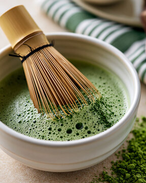 Ceremonial matcha whisked to perfection in a traditional bowl