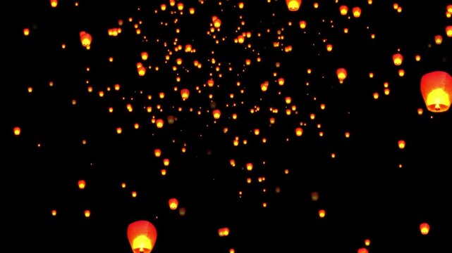 Glowing sky lanterns floating in night sky, magical floating lights for celebration, festival, and romantic background