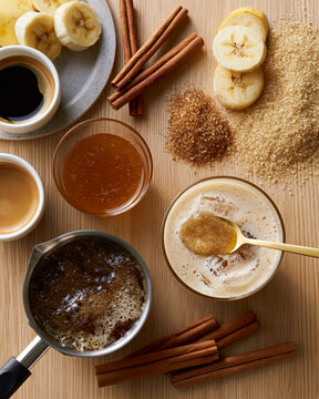 Bright and delicious morning spread featuring homemade coffee and banana treats