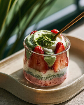 Delightful layers of fresh strawberries and creamy matcha in a dessert jar