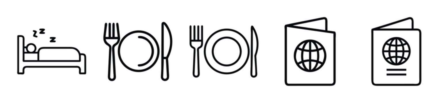 A collection of black line icons depicting hotel amenities including sleeping in bed, dining utensils, and international travel passport documents
