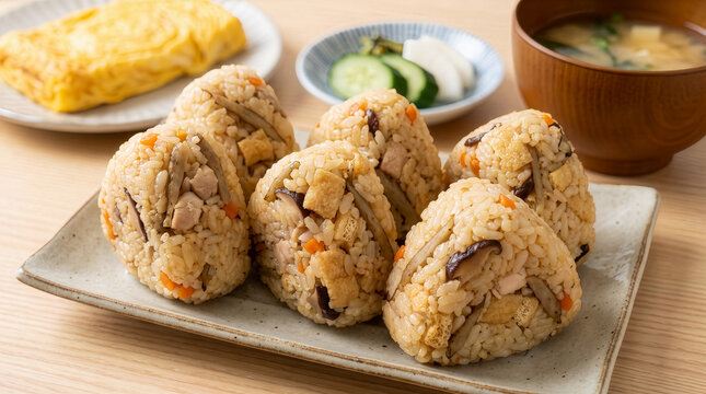 具だくさん炊き込みごはんおにぎりの和定食