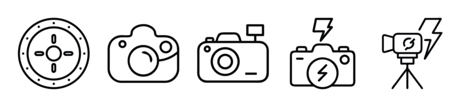 A set of five black and white camera icons on a white background for photography and videography concepts and tools