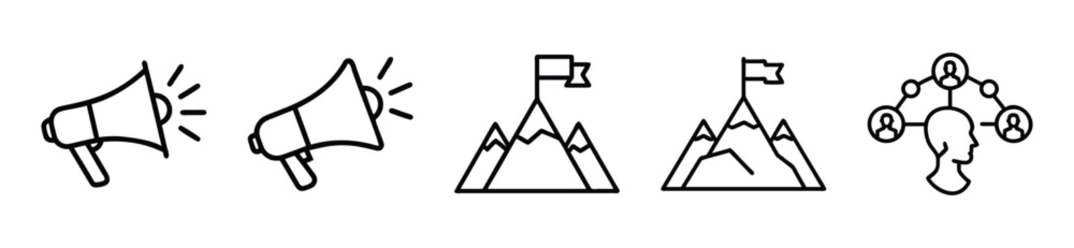 Minimalist line art icons depicting communication, achievement, and teamwork in a simple, modern style with bold lines and basic shapes.