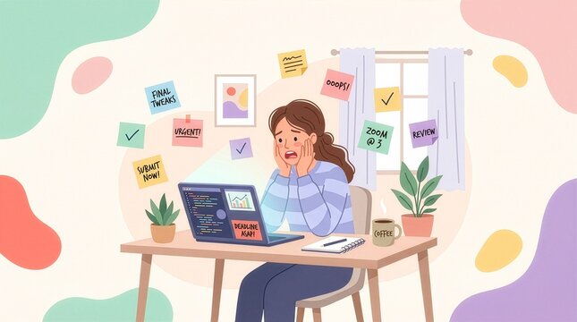 Stressed and overworked woman sitting at desk surrounded by sticky notes with tasks. Flat vector illustration of work stress, tight deadlines, burnout, and multitasking emotional breakdown
