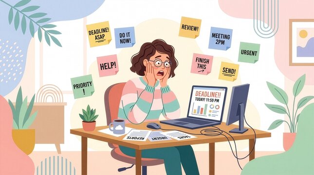 Stressed and overworked woman sitting at desk surrounded by sticky notes with tasks. Flat vector illustration of work stress, tight deadlines, burnout, and multitasking emotional breakdown