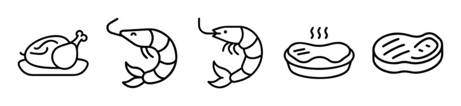 Simple line drawings of seafood and potatoes on plates, including shrimp and a baked potato with steam rising