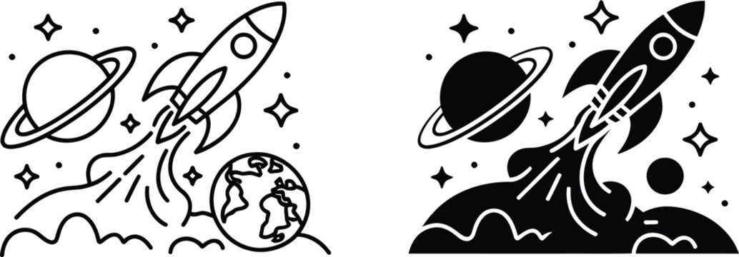 Space rocket launching with planets and stars icon