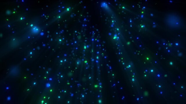4K Blue Green Floating Particles Background. Glowing Bokeh Lights, Sparkling Dust, Abstract Motion Graphics Overlay, Ambient Animation, 60 FPS, 2160p