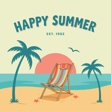 Happy summer est 1962 featuring a beach chair, palm trees, and starfish on a sandy beach with a sunset background, and text