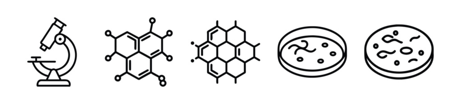 Black line illustrations of a microscope, molecular structures, and petri dishes used in scientific research and laboratory settings effectively
