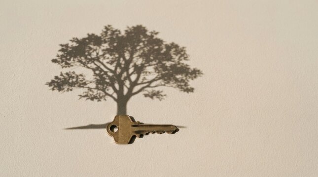 House key casting a tree shaped shadow on a wall for eco home concept poster and sustainable property design