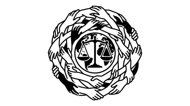 Global Justice Symbol: Hands Embracing Scales of Justice and Earth