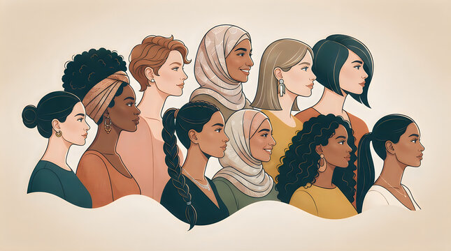 Illustration of diverse women profile silhouettes representing unity and female empowerment