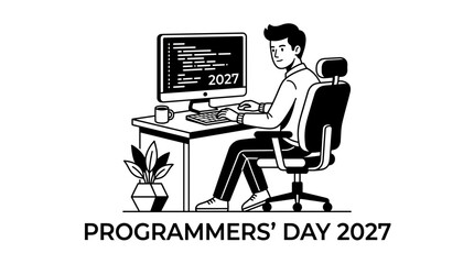 Naklejka premium Programmer Working on Computer in 2027, Coding, Digital Future
