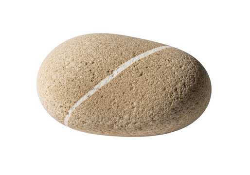 A single smooth oval shaped brown river stone with a natural white line pattern on surface