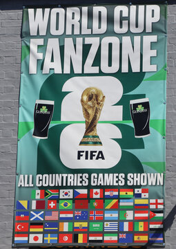 Norwich, United Kingdom - July 5, 2026: General street view in Norwich city centre World cup fanzone banner celebrating fifa tournament with flags of participating countries