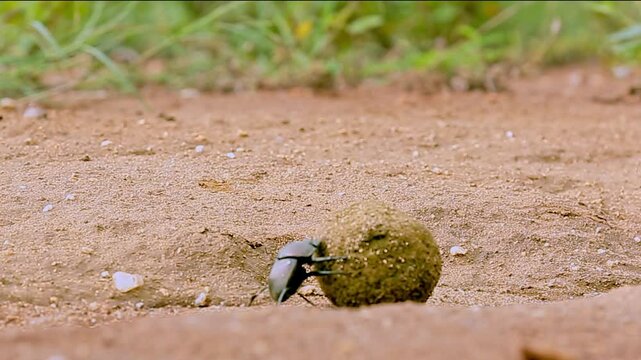 Dung beetle rolling a dung ball in Greater Kruger National park, South Africa ; Specie Scarabaeus viettei family of Coleoptera