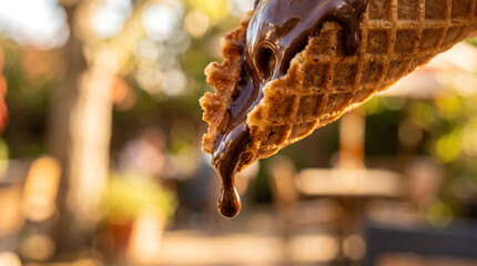 Fototapeta premium Chocolate Ice Cream Cone Dripping and Melting in Hot Summer Sunshine Close Up Indulgent Dessert
