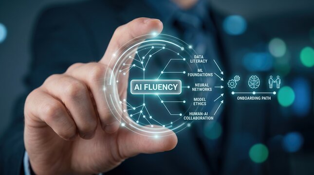 AI Fluency Concept Professional illustrates digital network for mastering artificial intelligence, highlighting data literacy, ethical AI, and collaboration in business