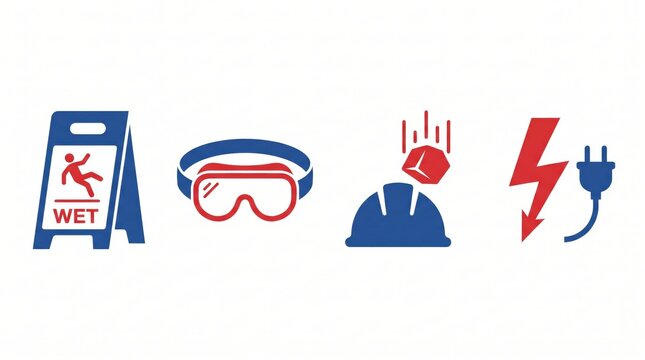 set of occupational safety icons on white background. wet floor, eye protection, falling objects, electrical hazard warnings. workplace rules. copyspace, banner, website header.