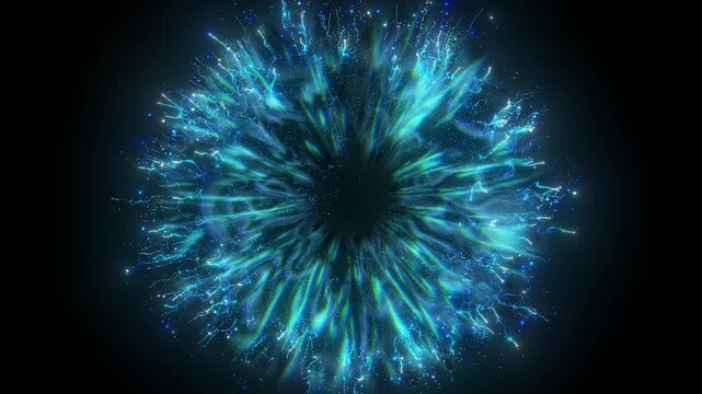 4K Blue Fiber Optic Bloom Abstract Background. Glowing Particle Burst, Light Filaments, Energy Flower, Sci-Fi Motion Graphics Overlay, 60 FPS, 2160p