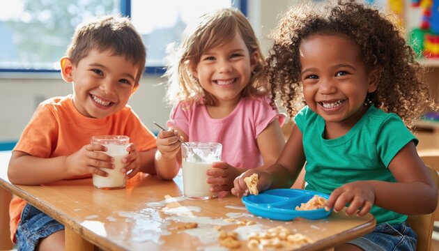 Happy diverse children having snack time in kindergarten. Smiling kids drinking milk and eating cookies at daycare table