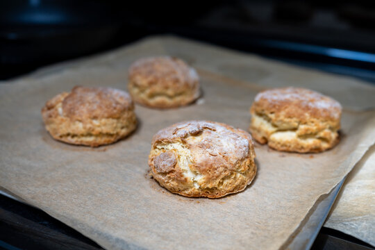 Homemade biscuits hot and fresh out of the oven, on parchment paper and baking sheet, hand crafted delicious food treat
