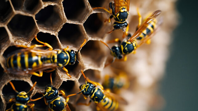 Macro photograph of paper wasps on a nest. Close up of yellow and black striped insects on hexagonal honeycomb cells. Wildlife and entomology concept