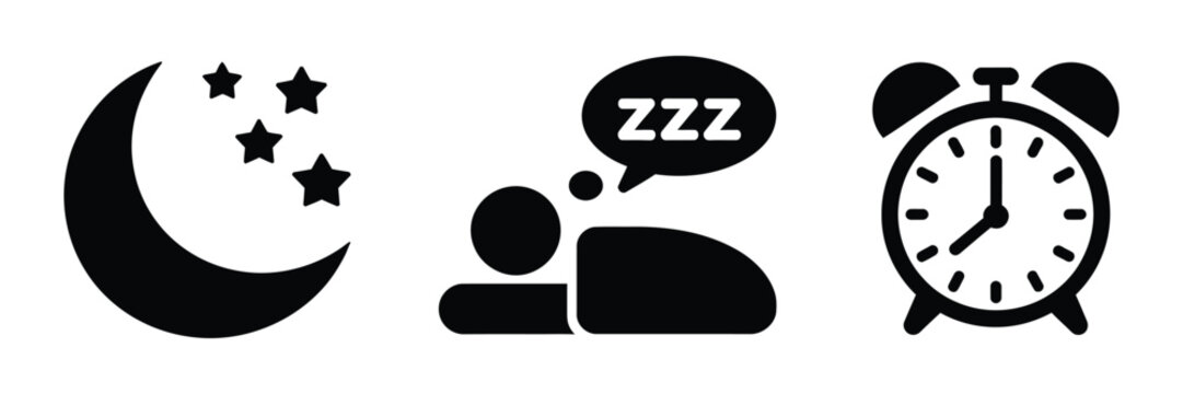 Sleep bedtime moon pillow icon set with night, dreaming, relaxation, bedroom, insomnia, and rest symbols for wellness design