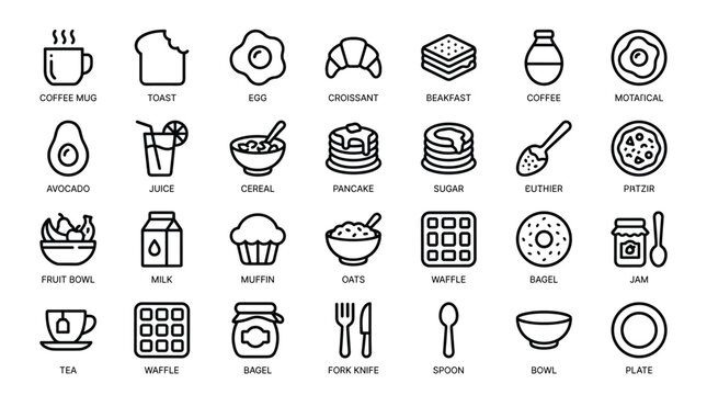 Breakfast and brunch food line icons set including coffee mug toast egg croissant pancakes cereal fruit bowl milk muffin waffle bagel jam and dining utensils set.