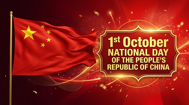 China national day celebration with flag and fireworks