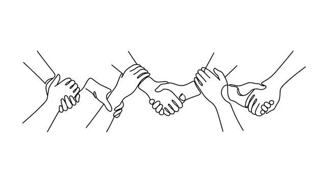 Unity Hands Shaking, Teamwork Concept, Continuous Line Art