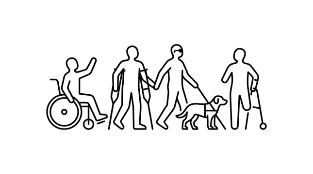 Diverse Abilities Group: Wheelchair, Crutches, Guide Dog, Walker