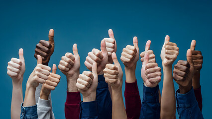 Fototapeta premium Diverse group of people holding up thumbs in a gesture of approval and success against a solid blue background, in a studio setting