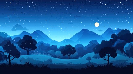 Fototapeta premium Nighttime mountain forest landscape, starry sky, moonlit hills, game background
