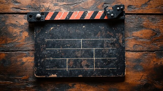 Rustic film slate on wooden background, movie production