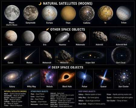 Solar System and Deep Space Objects Educational Infographic Featuring Moons, Dwarf Planets, Asteroids, Comets, Kui per Belt, Oort Cloud, Galaxies and Black Holes