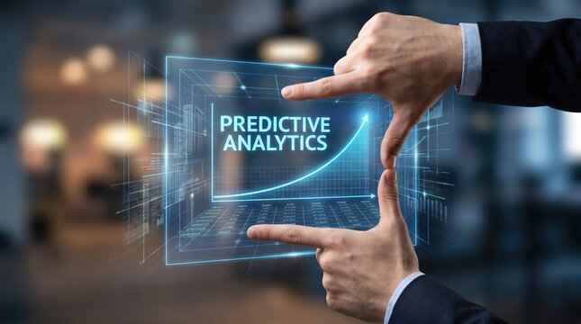 Business professional framing a holographic screen displaying 'Predictive Analytics' with an upward trending graph, symbolizing data-driven growth, strategic foresight