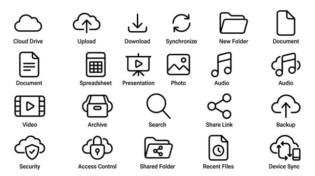 File and folder management line icons set for cloud storage and digital data access including document spreadsheet photo audio video.