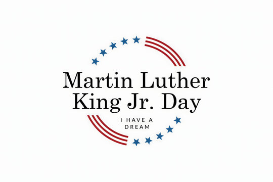 Martin luther king jr. day with text ia dream, surrounded by a circular border of red stripes and blue stars on a white background