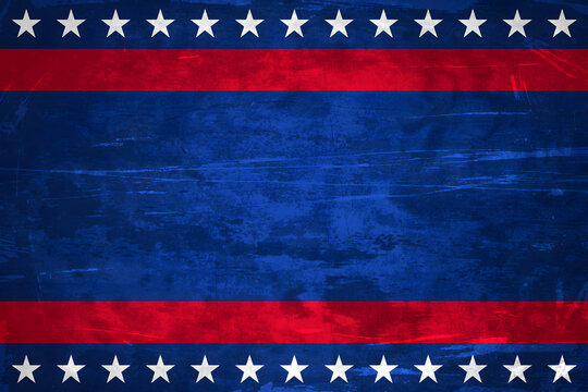 Grunge style patriotic background, with a dark, blue textured center, red horizontal stripes, and rows of, white stars along, the and bottom