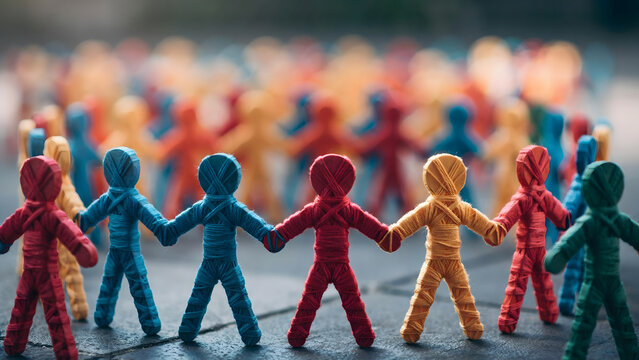 Miniature yarn figures in various bright colors standing in a circle, holding hands to symbolize community, cooperation, and human connection