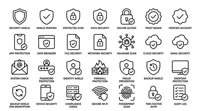Information technology security and identity protection icons featuring cloud safety malware scan secure wifi connection and audit log verification symbols.