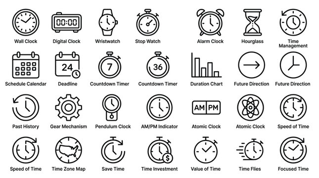 Set of time and clock line icons featuring different watch designs digital 