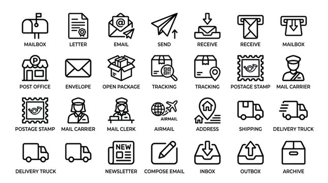 Logistics and shipping icons set featuring mailboxes letters emails delivery trucks tracking post office stamps mail carriers clerks airmail address packages.