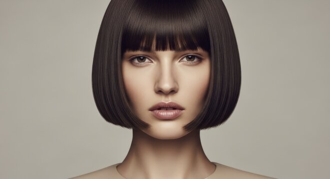a striking close-up portrait of a beautiful young woman looking directly at the camera, showcasing a flawless classic brunette bob haircut with straight blunt bangs on a grey backdrop