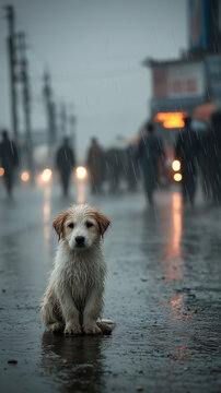 A lonely, wet puppy sits on a rain-slicked city street as blurred silhouettes of pedestrians under rain.