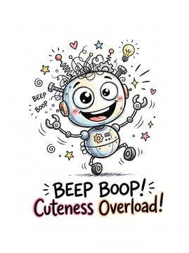 A joyful and excited cartoon robot with a cheerful expression, radiating happiness with 'BEEP BOOP! Cuteness Overload!' text, perfect for stickers and creative designs