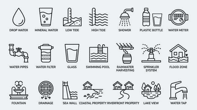 Water resource management and environment icons set including drop mineral water tides shower bottle meter pipes filter glass pool harvesting sprinkler flood zone.